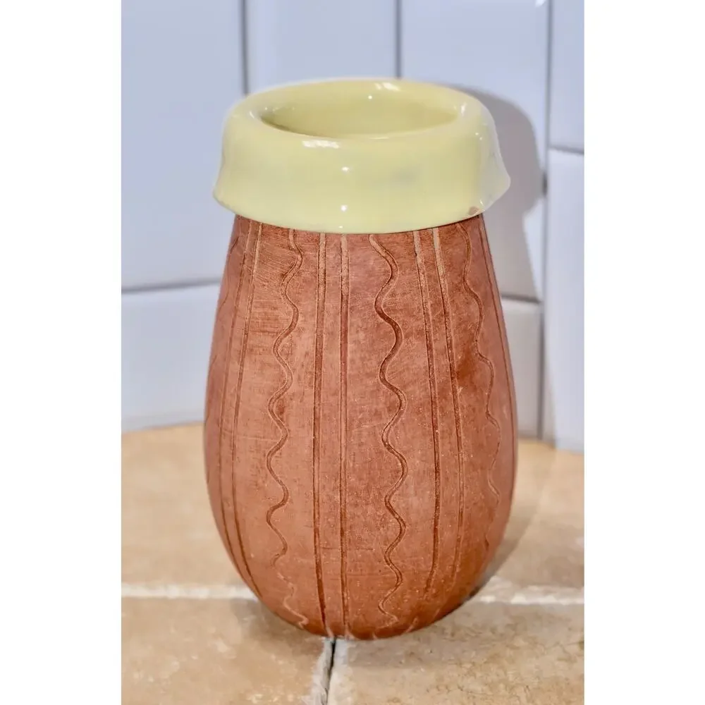 MCM Italian Handmade Studio Art Pottery Ceramic Glaze Rim Fold Vase Number 4028